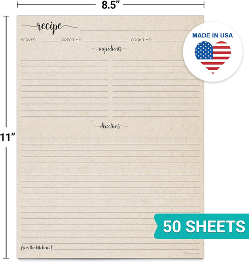 321Done Recipe Paper, Made in USA - 8.5x11 Tan, Full Page Blank Recipe Paper to Write in Your Own Recipes, Minimalist Letter Size Refill Pages for...