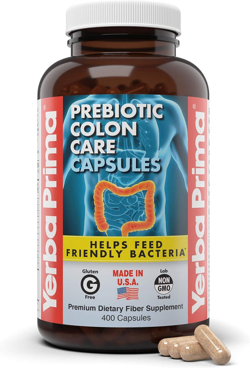 Yerba Prima Prebiotic Colon Care Capsules, 400 Caps - Five Forms of Fiber Plus FOS Pre-biotics - Dietary Health Supplement - Healthy Soluble & Ins...