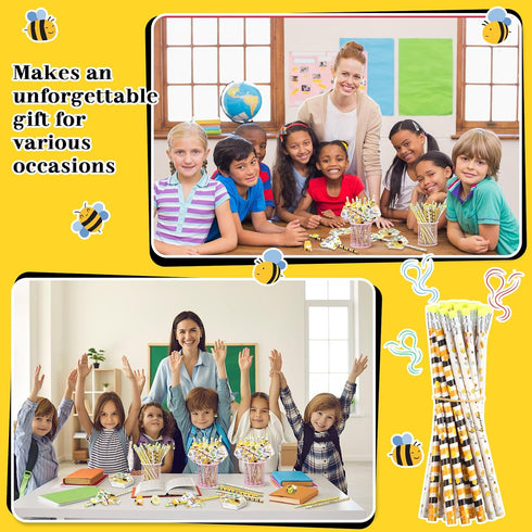 48 Sets Bee Themed Gifts 48 Scented Bee Inspirational Pencils, 48 Motivational Cards and 48 Pencil Topper Clip for Kids Graduation Gifts End of th...