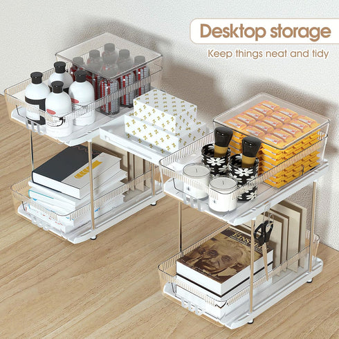 2 Tier Under Sink Organizers and Storage Bathroom Organizer w Dividers and Lids, Snack Organizer for Pantry Pull Out Cabinet Organization for Kitc...