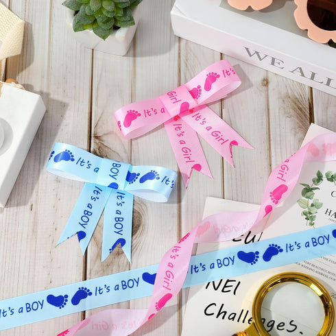 Whaline 2 Rolls Baby Shower Craft Ribbons 20 Yards Blue Pink Satin Ribbons It's a Girl It's a Boy Footprint Gift Wrapping Ribbons for Baby Shower ...