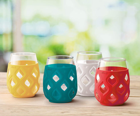 Ello Cru 17oz Stemless Wine Glass Set with Protective Silicone Sleeves, Dishwasher Safe, Cocktail Glass Pack Perfect for Summer Patios and Parties...