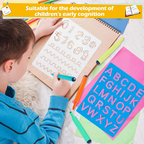 8 Pieces Preschool Letters and Numbers Alphabet Stencils Colorful Double Sided Tracing Board PET Paint Boards for Painting with Craft Markers Mark...
