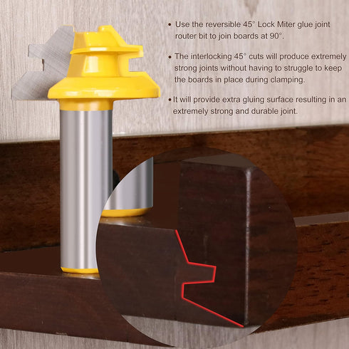 45 Degree Router Bit, Newdeli 1/2 Shank 45 Degree Lock Miter Router Bit, 1/2-inch Stock Lock Miter Woodworking Tools for 90-Degree Tenon Joint Woo...