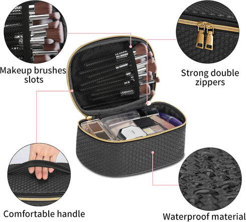 KTMOUW Makeup Bag 3 Pcs Waterproof Cosmetic Bag Set with 10 Makeup Brushes Portable Travel Cosmetic Bag Multifunction Organizer Storage Bag Weave ...