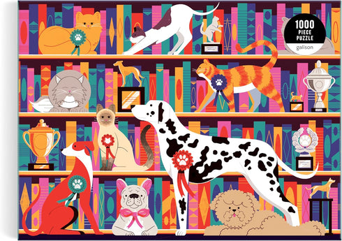 Galison Best in Show – Michael Driver 1000 Piece Puzzle Featuring A Witty Shelfie of Felines and Canines Sharing Trophies and Books...