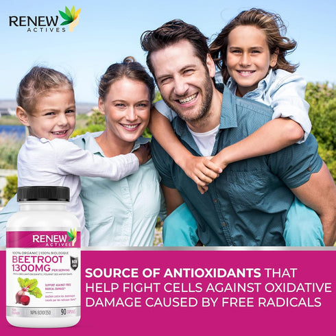 Renew Actives Organic Beetroot Supplement: 1300mg Extract for High Antioxidant Levels - Promotes Wellness - 90 Veggie Capsules...