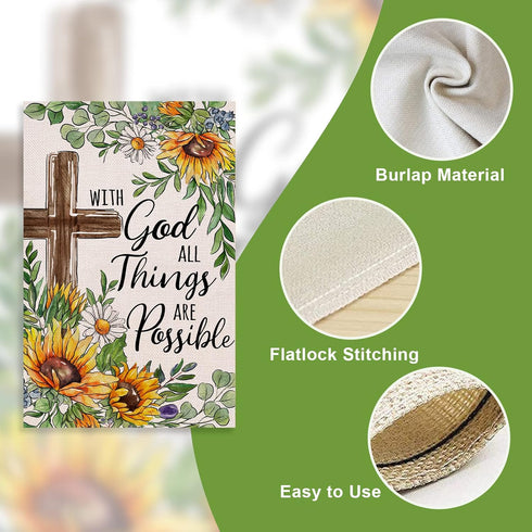 With God All Things Are Possible Christian Decorative Garden Flag, Religious Cross Sunflower Spring Summer Easter Yard Outside Decorations, Inspir...