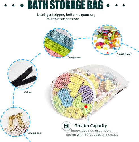 Large Capacity Baby Mesh Bath Toy Organizer, Multiple Ways to Hang, Extra Large Opening Bathroom Toy Storage, Bottom Zipper Bathtub Toy Storage Ba...