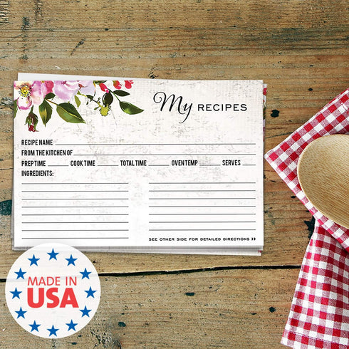 Vintage Floral Favorite Recipe Cards / 50 Pack Double Sided Cooking Ingredients Note Cards / 4" x 6" Flat Baking Directions Cards/Made In The USA...