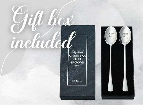 INNObeta Bee Gifts for Women, Engraved Ice Cream Spoons, 2 Pcs Stainless Steel Coffee Spoon, Queen Bee...