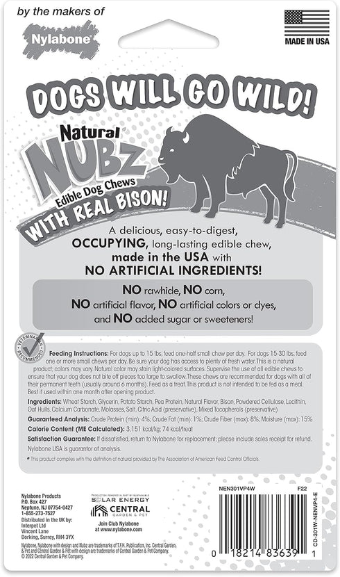 Nylabone Nubz WILD Natural Edible Chew Treats for Dogs, Made in USA, Bison Flavor, Small - Up to 25 lbs. (4 Count)...