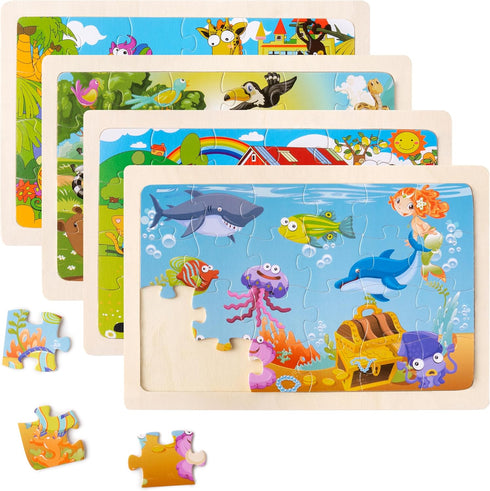 Wooden Puzzles for Toddlers Kids - 4 Packs 24PCS Animal Themed Wood Puzzle, Ocean Under The Sea Treasure Zoo Farm Preschool Educational Learning T...