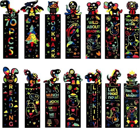 ZMLM Animal Scratch Bookmark for Kids: 70 Pcs 14 Style Magic Scratch Rainbow Bookmarks Making Kit for Girl Boy Party Favor Classroom Activity DIY ...