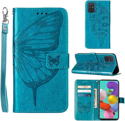 for Samsung Galaxy A51 Case Wallet, Butterfly Floral Embossed, Wrist Strap, Card Holder Slots, Stand Leather Protective Flip Phone Cover (Non 5G V...