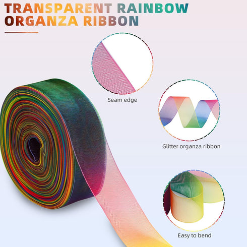 MOLSHINE 50yd x 1 inch Rainbow Organza Ribbon,Shimmer Sheer Iridescent Colors Ribbons,Chiffon Fabric- (Deep Rainbow) (1" (25mm))...