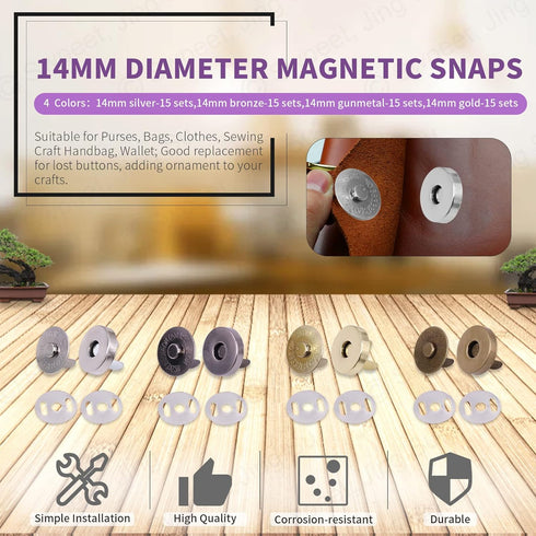 Swpeet 60 Sets Magnetic Button Clasps Snaps, 14MM Metal Fastener Clasps Gold Silver Bronze Black DIY Craft Sewing Knitting Buttons Sets for Sewing...