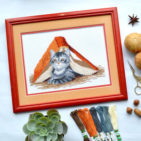 Povitrulya Counted Cross Stitch Kit 'Mischief Kitten' DIY Embroidery Set with Counted Gray Tabby Cat Pattern...