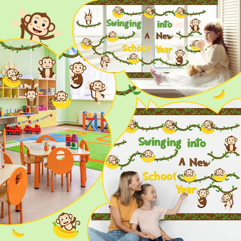 92Pcs Wild Animals Back to School Bulletin Board Set Wild Monkeys Swinging Into A New School Year Monkey Bananas Cutouts Vine Borders Preschool Ki...