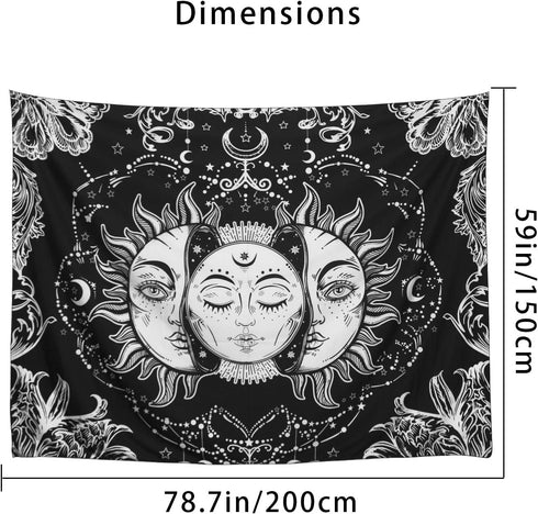ARFBEAR Sun and Moon Tapestry, Burning Sun with Stars Psychedelic Popular Mystic Wall Hanging Tapestry Black and White Beach Blanket (Large-79 x 5...