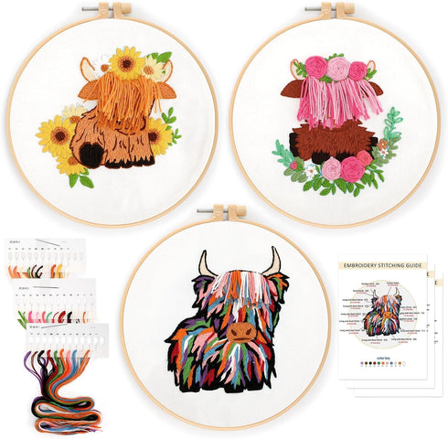 Embroidery Kits Highland Cow Cross Stitch Sunflower Rose Rainbow Patterns and Instructions for Beginners Adults Starter Animal DIY Decor Needlepoi...