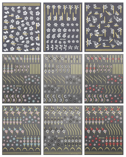 JMEOWIO 9 Sheets Flower Nail Art Stickers Decals Self-Adhesive Pegatinas Uñas Spring Summer Floral Line Nail Supplies Nail Art Design Decoration A...
