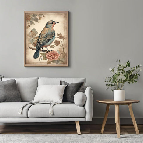 Posterizer 1 pcs- Green bird standing on a tree with wild pink flowers-Art for Animal Lovers-Floral Botanical Art-Gift for Men Women -Decor for Be...