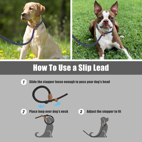 Mile High Life Slip Leads for Dogs | Heavy Duty Dog Training Leash | 6 Feet No Pull Slip Leashes w Leather Tip | Navy Rope Lead for Dogs Outside...