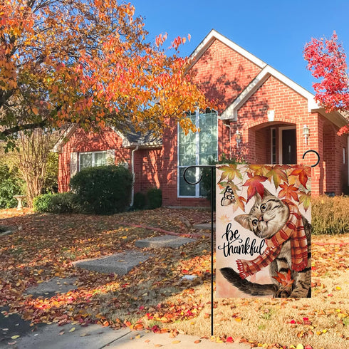 Be Thankful Cat Home Decorative Fall Garden Flag, Autumn Yard Lawn Maple Leaves Outside Decor, Thanksgiving Farmhouse Outdoor Small Burlap Decorat...