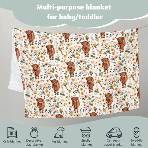 Highland Cow Floral Minky Baby Blanket Dotted Backing Girl, Boho Western Farm Animal Yak Flower Double Layer Nursery Bed Blankets, Soft Plush Newb...