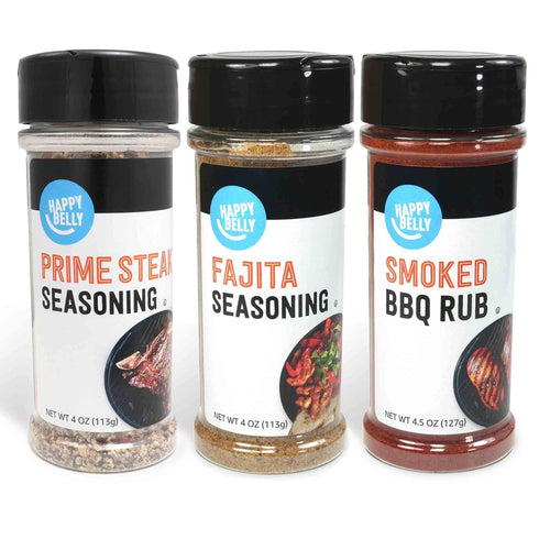 Amazon Brand - Happy Belly Grilling Spices Set, Prime Steak, Smoked BBQ and Fajita Seasoning, 3 Piece Assortment...