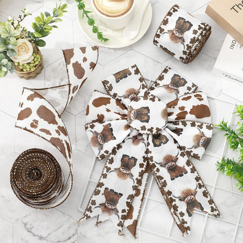 Highland Cow Wired Edge Ribbon Cow Print Craft Ribbon White Brown Fabric Ribbon for Wreath Bow Making DIY Crafts Wrapping Party Decor Supplies, 2 ...