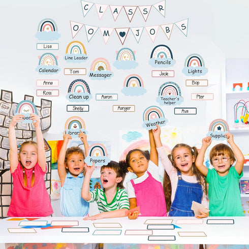 Gueevin 72 Pcs Boho Classroom Jobs Bulletin Board Set Rainbow Bulletin Board Cutouts Classroom Jobs Chart Teacher's Helper Chalkboard Decor for Ba...