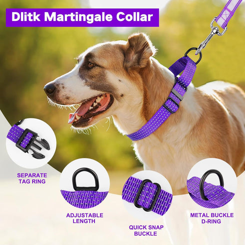 Martingale Dog Collars, Adjustable Reflective Nylon Dog Collar for Training Dogs, No Pull Dog Choker Collar for Medium Large Dogs (L, Purple)...