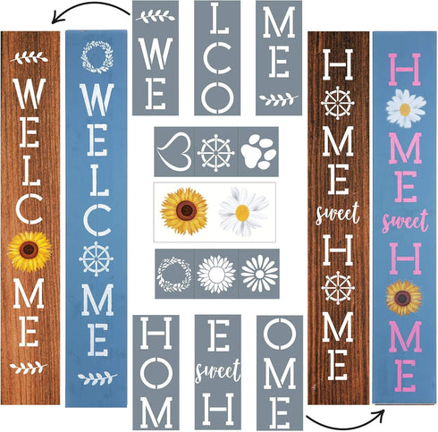 Large Stencils for Painting on Wood Reusable, Welcome Stencil, Daisy Sunflower Stencil and Other Wood Stencils, Wood Craft Supplies for Spring Por...