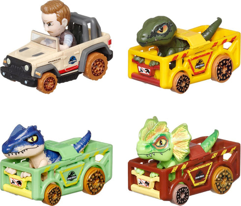 Hot Wheels Toy Cars, RacerVerse 4-Pack of Die-Cast Vehicles Featuring Jurassic World Characters Charlie, Owen, Dilophosaurus & Allosaurus as Drive...
