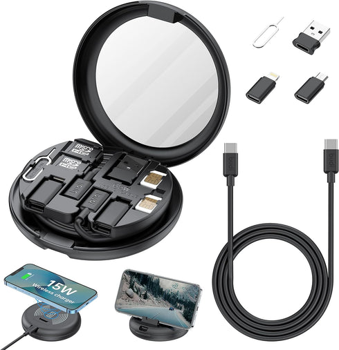 BUDI 15W Wireless Charger Multifunction Box 2.9ft Cable Card USB Type-C Charging and USB C to USB A Light Aluminum Conversion Connector for Travel...