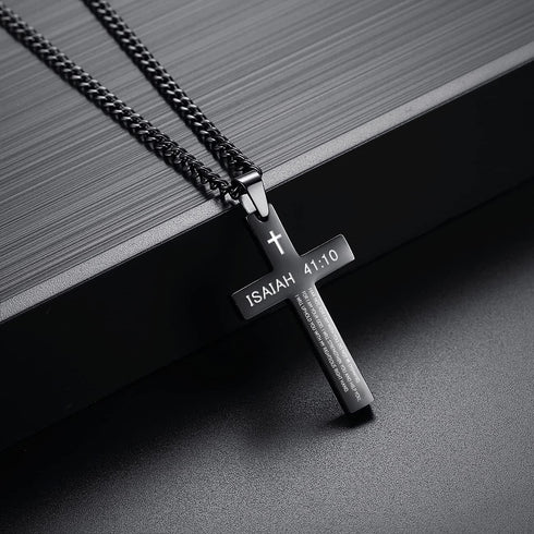 Inspirational Bible Verse Cross Necklace for Men Boys, Stainless Steel Plain Black Silver Cross Pendant Necklace for Men 20-24 Inches Curb Chain F...