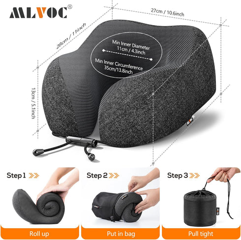 MLVOC Travel Pillow 100% Pure Memory Foam Neck Pillow, Comfortable & Breathable Cover, Machine Washable, Airplane Travel Kit with 3D Contoured Eye...