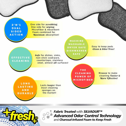 Fresh Large Professional Microfiber Scrub-N-Wipe Sponge Pads, Fabric Treated with SILVADUR Advanced Odor Control Technology and Charcoal-Infused F...