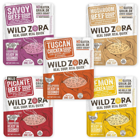 Wild Zora Instant Keto-Friendly Soups 5-Pack Variety, Broth Made with Grass-Fed Beef, Free-Range Chicken, and Vegetables, Gluten-Free, Low Carb, N...