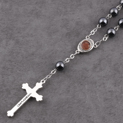 Luomu Hematite Beads Auto Rosary, Car Rosary One Decade Catholic Rosary with Clasp, with Terra Jerusalem Medal Centerpiece and Crucifix Medal Hang...