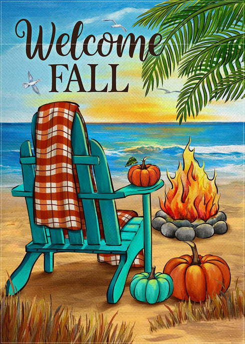 Welcome Fall Beach Pumpkin Decorative Garden Flag, Autumn Sea Ocean Chair Bonfire Coastal Yard Outside Decorations, Buffalo Plaid Check Nautical O...