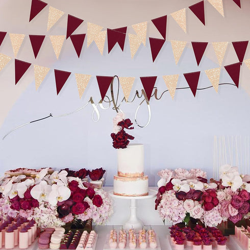 Burgundy Party Decorations Maroon Champagne Gold Triangle Banner Flag Bunting Pennant for Birthday Engagement Wedding Bridal Shower Baby Shower An...