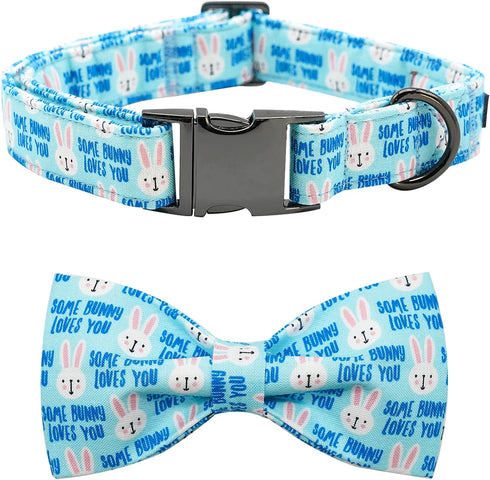 Dog Collar - Easter Day Dog Collar Bows for Dogs Bowtie Cute Bunny Print Adjustable Dog Collar Girl Pet Gift Blue Dog Collar for Medium Small Larg...