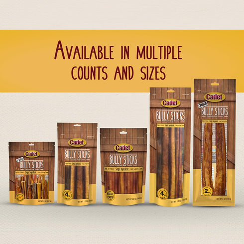 Cadet Bully Sticks for Small, Medium and Large Dogs – All-Natural Beef Pizzle, High Protein, Low Fat, Long-Lasting, Grain & Rawhide-Free Dog Chews...