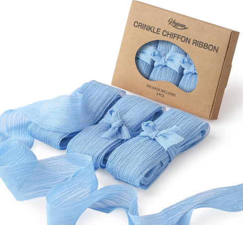 Blue Ribbon Crinkle Chiffon 1 1/2 Inch Handmade Tulle Fabric Silk Ribbon for Flower Bouquet Wedding Decor Gift Wrapping 3 Rolls 9 Yd...