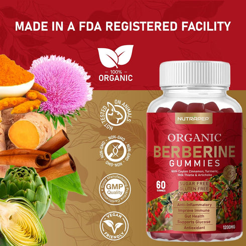 Premium Berberine HCl Gummies (1200mg) with Ceylon Cinnamon, Turmeric, Milk Thistle, and Artichoke - Sugar Free Gluten Free High Potency Supplemen...
