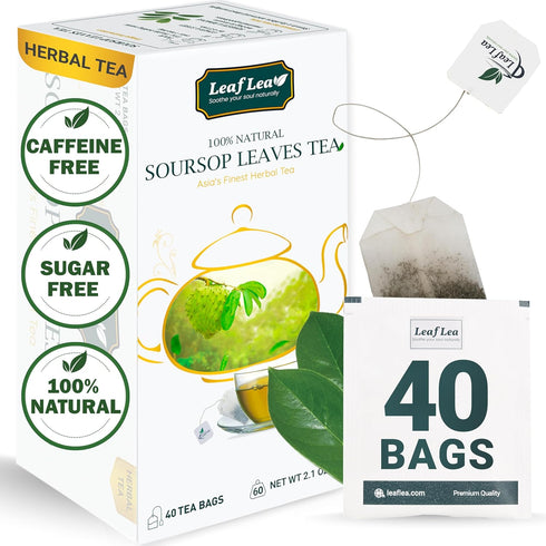 LeafLea Premium Soursop Leaves Tea Bags, Pure & Natural Soursop Tea, Graviola Leaves Tea, Hoja Guanabana Tea, 40 Herbal Tea Bags, Natural Digestio...