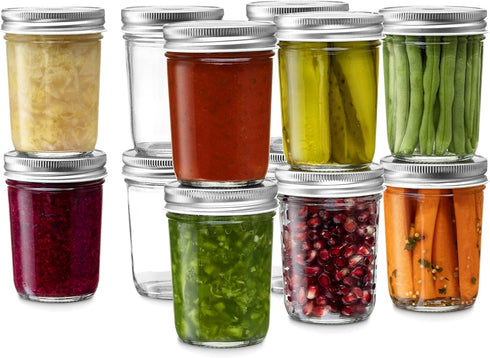 Glass Regular Mouth Mason Jars, (12 Pack) Glass Jars with Silver Metal Airtight 1 Piece Lids for Meal Prep, Food Storage, Canning, Drinking, Overn...
